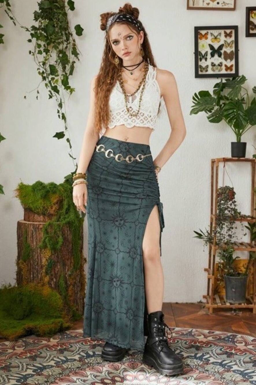 ROMWE Sun Moon Celestial Slit Maxi Skirt Fairy Grunge Whimsical Goth Size S
